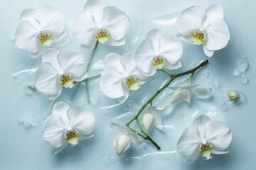 Elegant orchid blossoms floating in water against a pale blue backdrop, overhead view