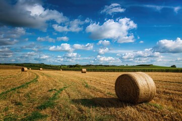 Fototapeta premium Scenic rural view with circular haystacks in cut fields beneath a partly cloudy sky