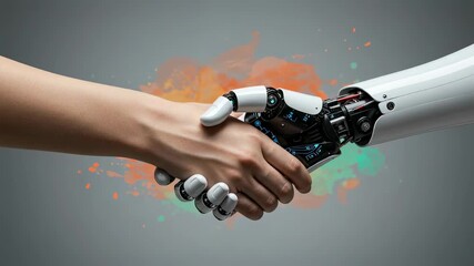 A man shaking hands with a robot, symbolizing artificial intelligence cooperation and innovative technology with colorful paint splashes animation. - Powered by Adobe