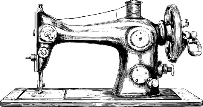 Vintage engraved illustration of antique sewing machine for retro design and decor