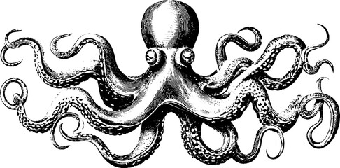Intricately engraved illustration of a colossal octopus silhouette for retro design