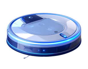 3D Isometric Robot Vacuum Cleaner with Glowing Sensors, Transparent PNG