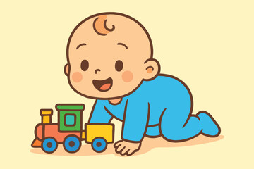 Adorable baby boy in blue onesie crawling and playing with a colorful toy train