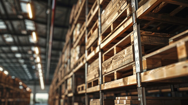 Expansive warehouse interior featuring stacked wooden pallets and bright lighting