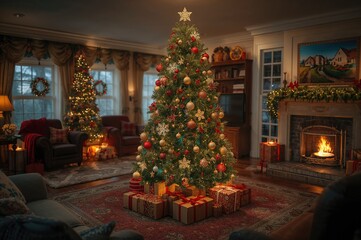 Holiday-themed lounge featuring a decorated tree and gifts underneath