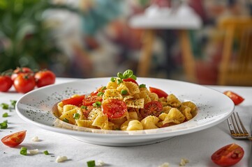 Bow-tie pasta paired with sweet cherry tomatoes