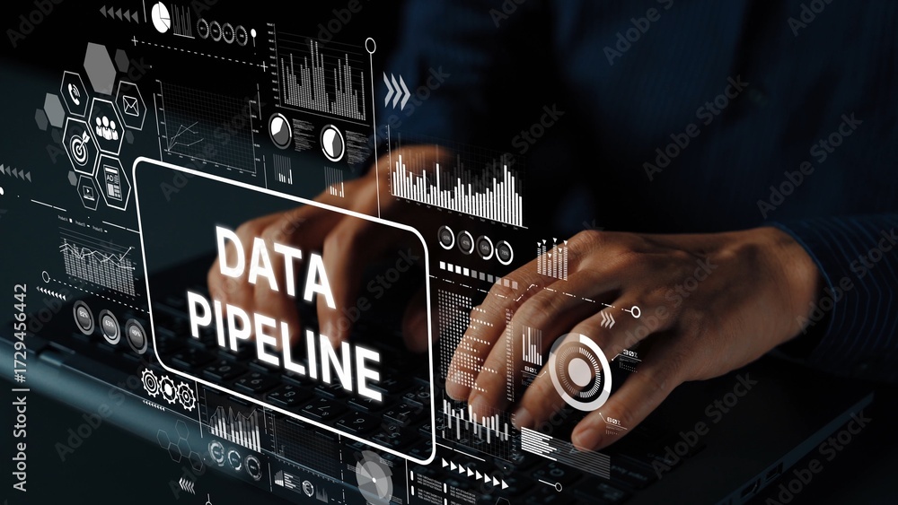 Poster hands typing on laptop surrounded by digital data pipeline graphics and analytical charts in a moder