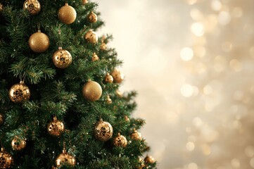 Holiday tree decorated with sparkling golden baubles set against a soft-focused background with light bokeh. Space for text included