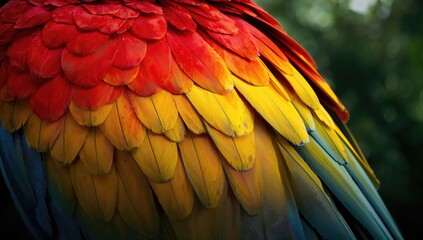 Obraz premium Vibrant plumage featuring red, yellow, orange, and blue hues against a textured, exotic backdrop