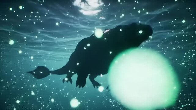 Silhouette of animal swimming underwater with bubbles and subtle light
