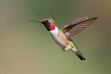Fototapeta premium Female hummingbird with a ruby-colored throat captured mid-flight, created with AI generative technology