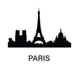 Paris skyline silhouette with Eiffel Tower, Notre Dame, and Sacr&eacute; C&oelig;ur in minimalist vector style.