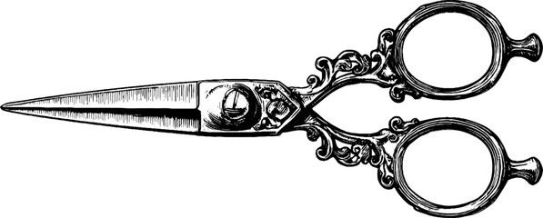 Ornate vintage scissors engraving with detailed hand drawn design for craft projects