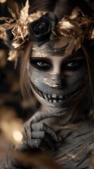 Dark Fantasy Skeleton Portrait with Golden Accents.Generative AI