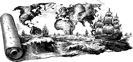 Obraz premium Vintage engraved illustration of old world map with sailing ships - retro nautical design for posters and cards