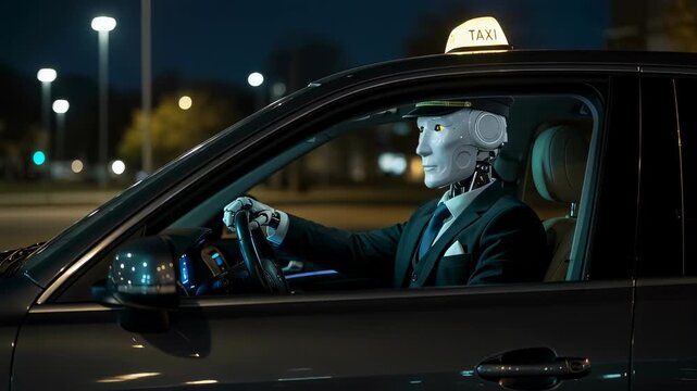 Male robot in a suit driving an autonomous taxi car at night with city lights as a digital future transport concept footage.