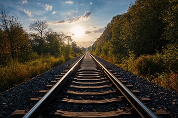 Fototapeta premium Monochrome train tracks under a bright sky, nature scene with trees and open land