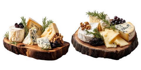 A selection of gourmet cheeses and accompaniments arranged on rustic wooden boards, isolated on transparent background