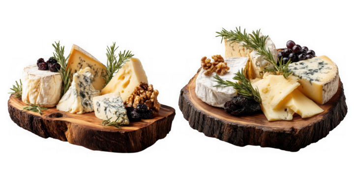 A selection of gourmet cheeses and accompaniments arranged on rustic wooden boards, isolated on transparent background