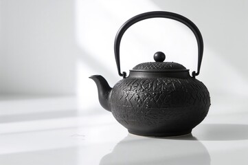 Traditional Chinese cast iron teapot in black against a white backdrop