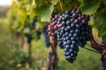 Dark grape bunches on vineyard hills