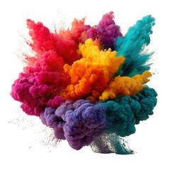 A vibrant explosion of colorful powder paint in pink, orange, yellow, purple, and teal, isolated on transparent background