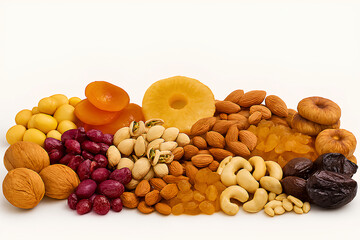 Assorted Dried Fruits and Nuts on White Background