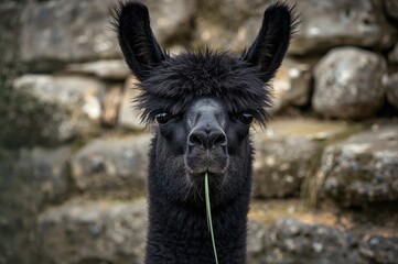 Obraz premium Dark-colored lama grazing on rocky surface