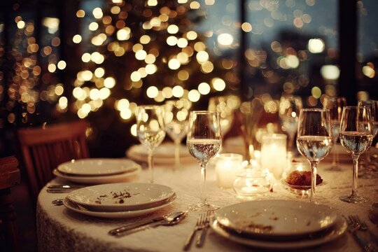 Festive Holiday Dinner Setting with Elegant Table Decor and Warm Candlelight Ambience