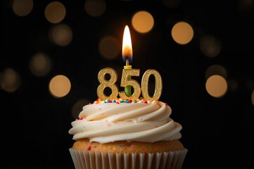 Cupcake topped with a birthday candle displaying 850, set against a dark, softly lit backdrop