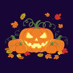 Halloween pumpkins on autumn leaves