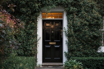 Dark Entrance Door Surrounded by a White Frame and Lush Green Plants
