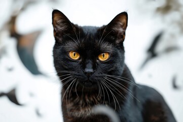 Close-up of a black feline against a natural backdrop, artistic Halloween theme, isolated animal cartoon