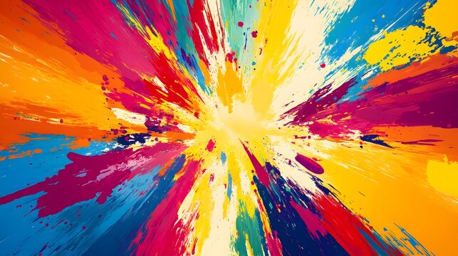 Dynamic Radial Burst of Colorful Paint Splatter.