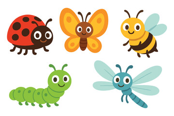 Collection of five cute cartoon insects including ladybug butterfly bee caterpillar and dragonfly