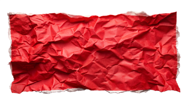 "A piece of crumpled and torn red paper with an irregular shape, isolated on a white background, high-resolution, realistic texture detail."