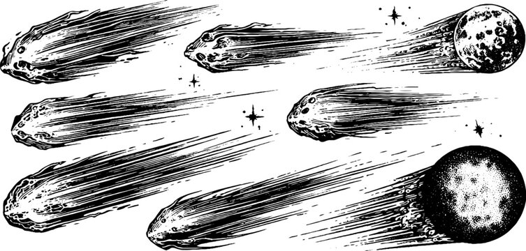 Vintage engraved illustration set of comets and meteors - retro astronomy design for posters