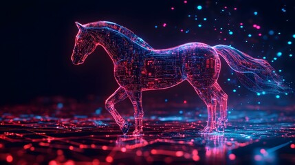 A futuristic digital horse constructed from glowing neon lines.