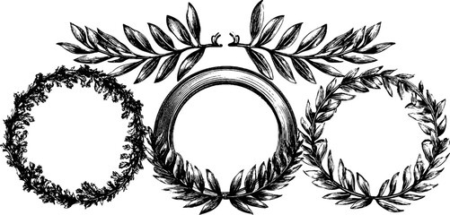 Vintage engraved illustration of embroidery hoops and laurel wreaths for retro decor