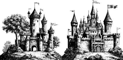 Naklejka premium Vintage hand-drawn engraving of fantasy castles set for retro design and decoration