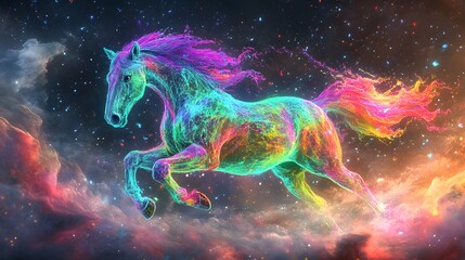 A magnificent celestial horse made of vibrant rainbow colors.
