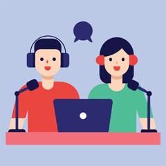 Two smiling people wearing headphones and speaking into microphones with a laptop between them in a studio setting for podcasting or broadcasting