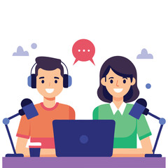 Fototapeta premium Two smiling people wearing headphones sitting at a desk with microphones and a laptop recording a podcast or broadcast communicating online