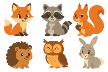 Collection of cute woodland animals including fox squirrel owl rabbit hedgehog and raccoon © Alamin