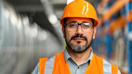 A focused worker wearing safety gear, including a hard hat and reflective vest, stands in an industrial setting, emphasizing safety and professionalism.
