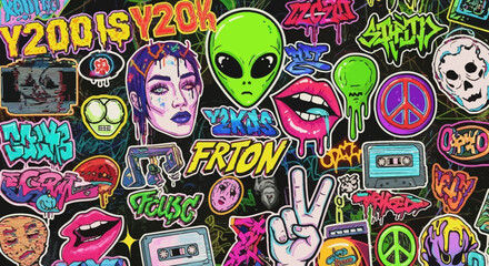 A Vibrant Collage of 2000s Nostalgia Featuring Aliens Peace Signs and Retro Cassette Tapes