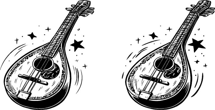 black and white mandolin with stars clip art preview
