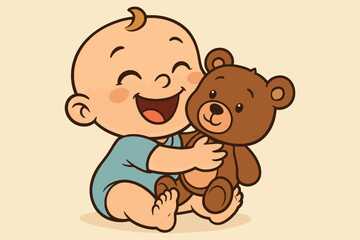 Adorable happy baby boy in blue onesie hugging a brown teddy bear with joy