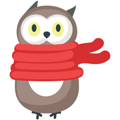 Owl in red scarf vector. Cute beak bird animal design icon illustration. Funny autumn character isolated on white background
