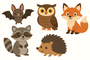 Cute cartoon forest animals including a bat owl fox raccoon and hedgehog